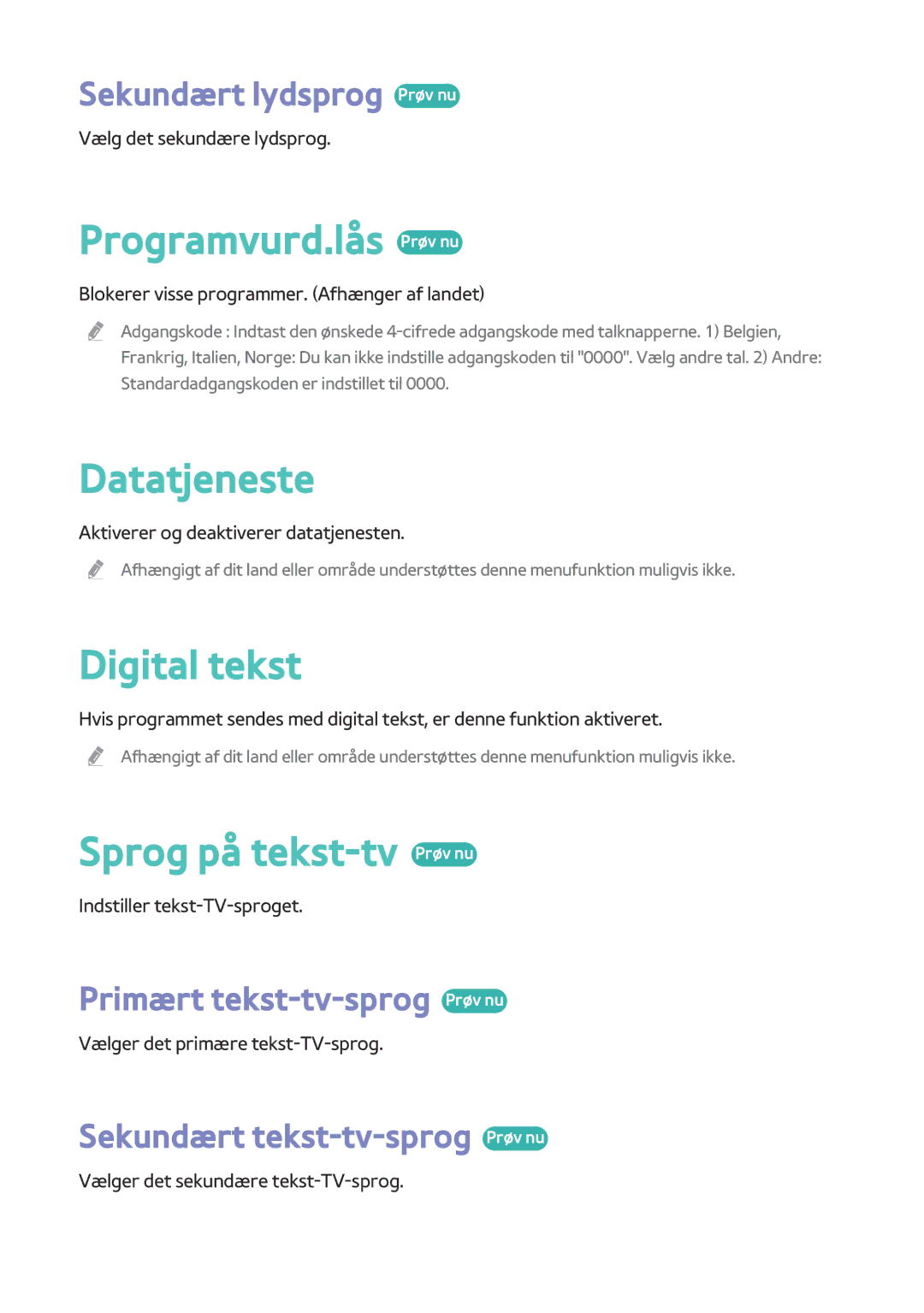 Samsung BD-H8900N/XE, BD-H8500N/XE manual Programvurd.lås Prøv nu, Datatjeneste , Digital tekst , Sprog på tekst-tv Prøv nu 